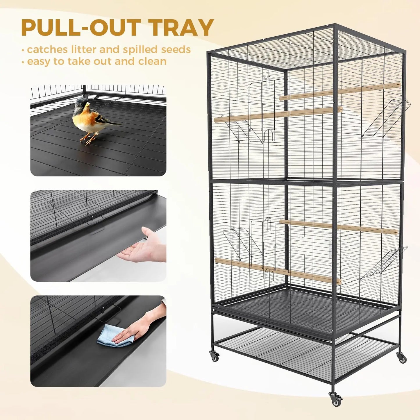 61" Large Bird Cage, Metal Fight Cage with Play Top, Rolling Stands, Feed Bowls, Wide Tall Parrot Cage for Parakeets, Conures, C