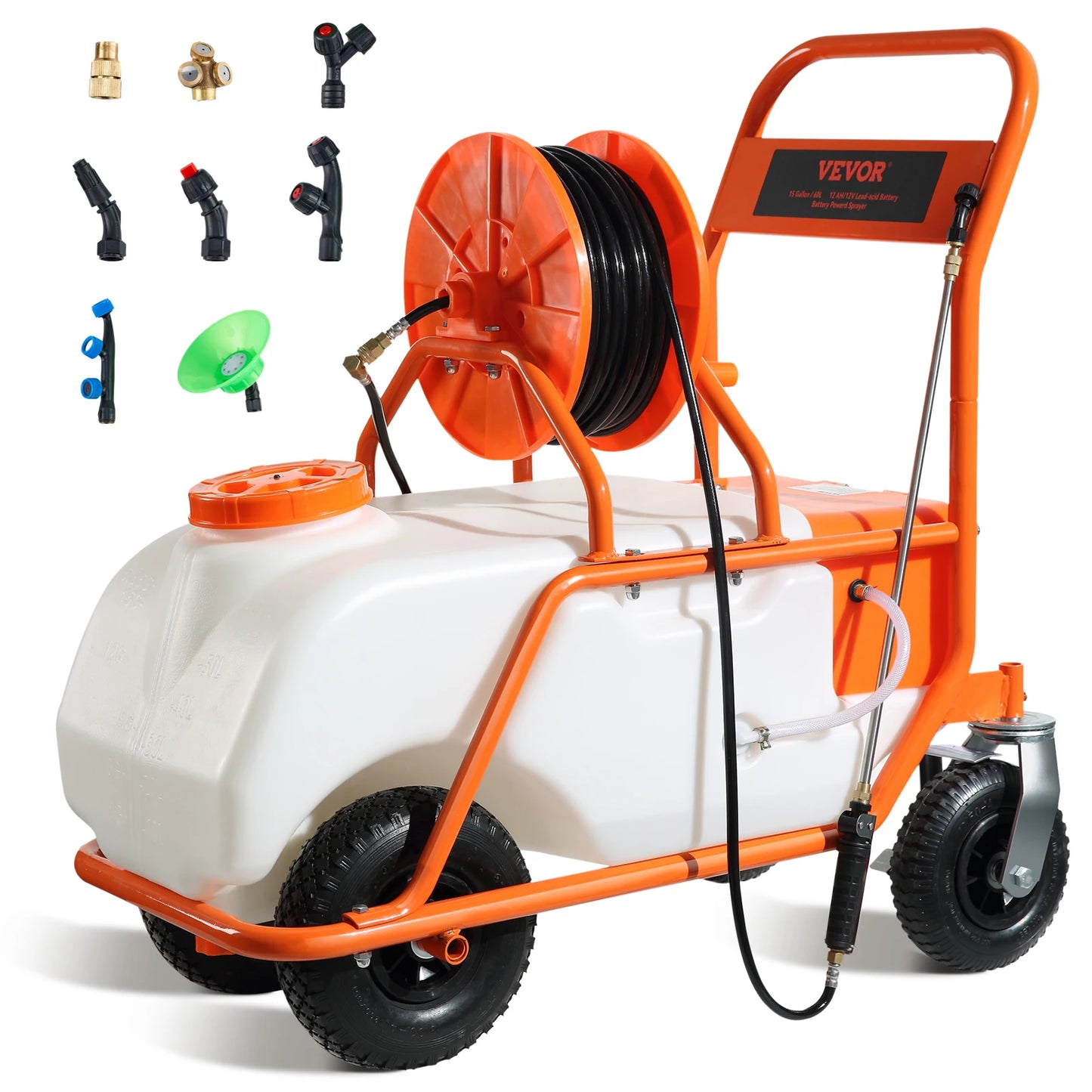 SucceBuy Battery Powered 15 Gal Garden Weed Sprayer with Wheeled Cart 126FT Hose with Reel 8 Nozzles 2 Wands with Lock for Crop
