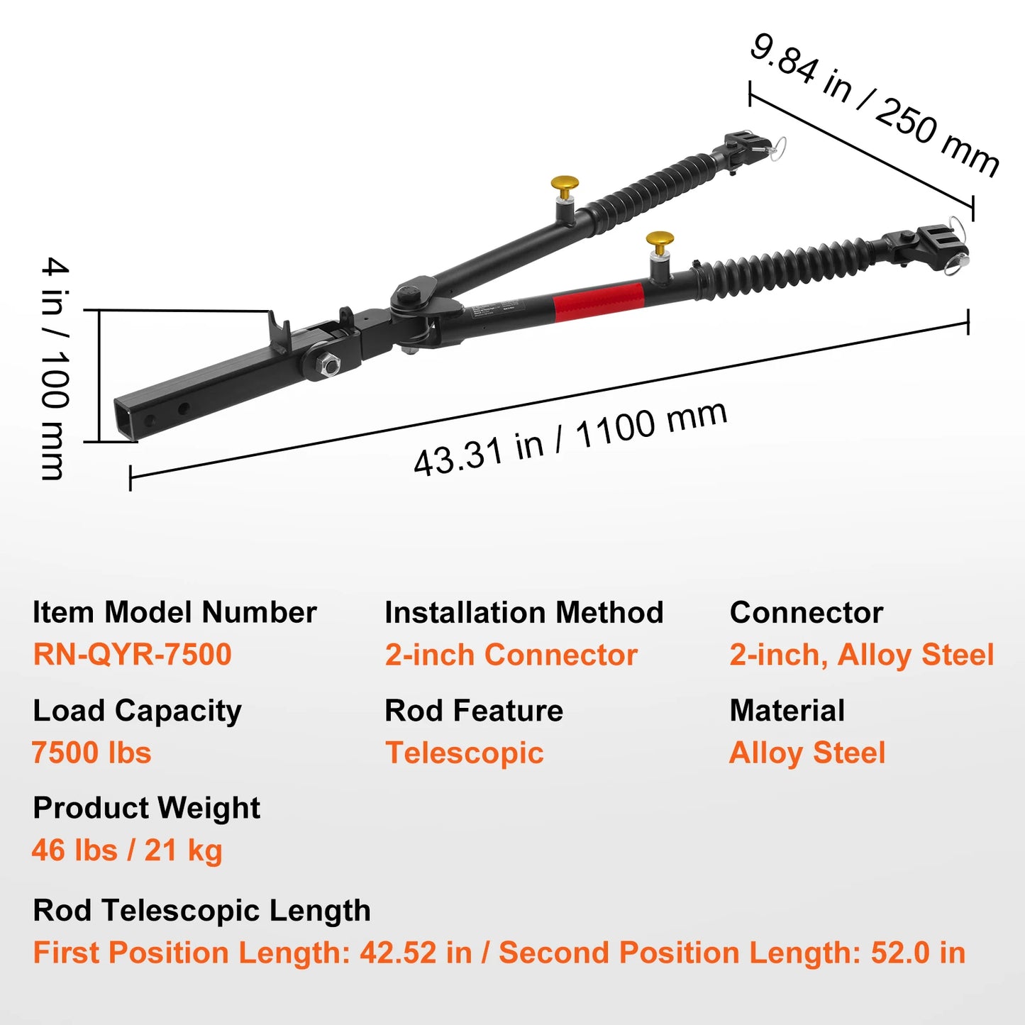 VEVOR 7500/10000Lbs Tow Bar with Ropes Max 52 in Telescopic Rod Fits 2-inch Connector Towing Bar for RV Car Trailer Truck