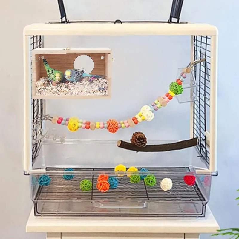 Parakeet Nesting Box - Transparent Design, Wooden Breeding House with Perch for Cockatiel, Lovebirds, Budgie, Finch, Parrotlets