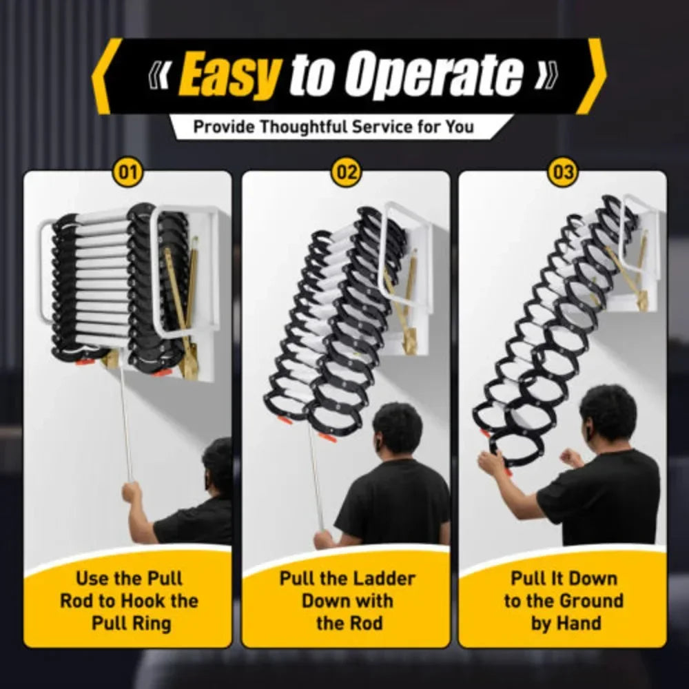 12 Steps Wall Mounted Ladder Attic Loft Stairs Corrosion-resistant Folding Telescopic Stairs W/ Anti-slip feet & Safe Handrails