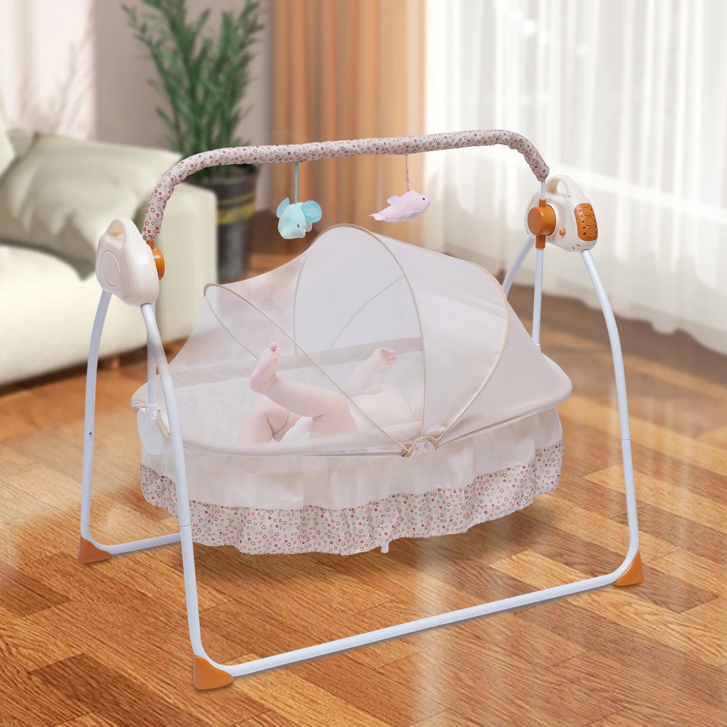 Electric Baby Crib Cradle Bluetooth&USB Foldable Auto-Swing Rocking Bassinet Sleep Bed Infant U-Shaped Pillow/Net/Toy Rack