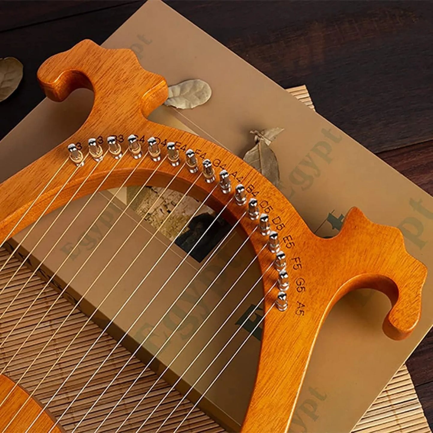 16-String Mahogany Lyre Harp, Handcrafted Solid Wood Instrument for Beginners & Professionals (Includes Tuner & Picks)