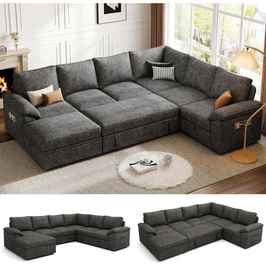 108 Inch Sectional Sleeper Sofa with Pull Out Bed, U Shaped 7 Seat Modular Sectional Sofa with Storage, Sectional Couches for Li