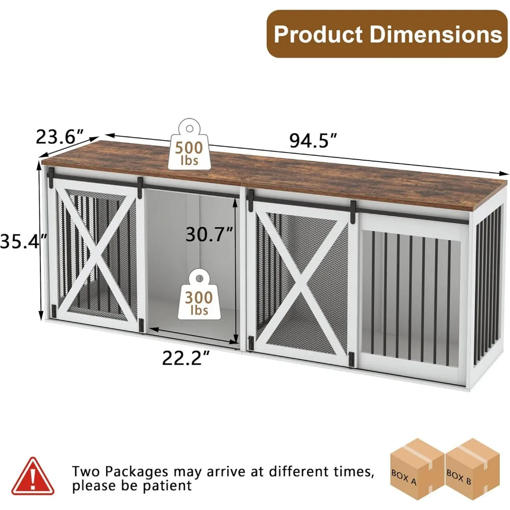 94.5" XXXL Dog Crate Furniture for 2 Large Dogs, Heavy Duty Double Dog Cage Extra Large Breed, 35.4" Tall Thick Wooden Dog Kenne