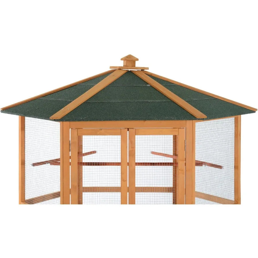 69 Large Wooden Hexagonal Outdoor Aviary Flight Bird Cage with Covered Roof Ideal for Backyard Bird Enthusiasts Provides Shelte
