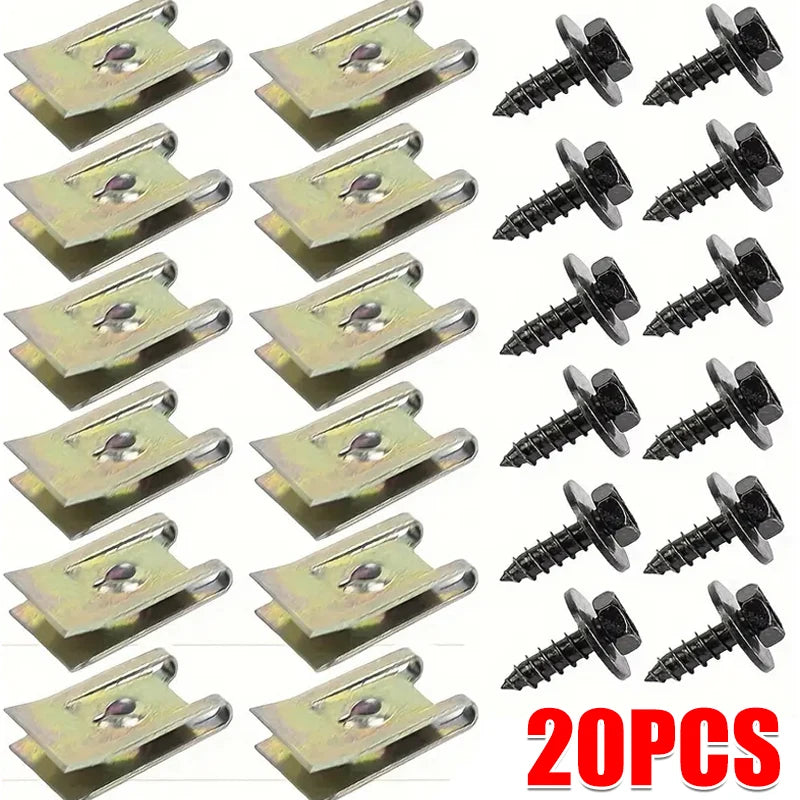 20pcs Mixed Car Metal Screw Tapping Fastener Clip U-Type Clip with Screw Anti-rust Protection Clip Screw Buckle Iron Sheet
