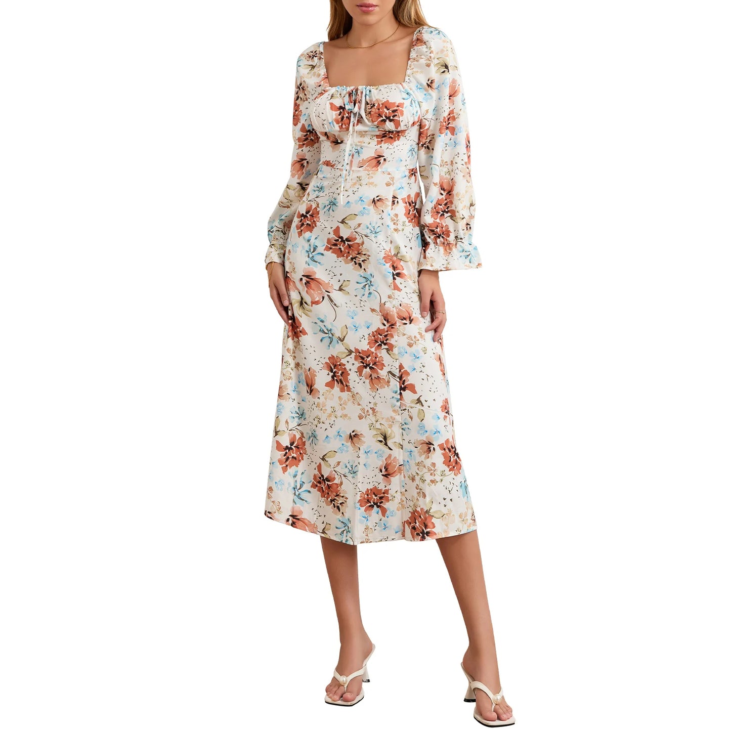 Women Long Dress Long Sleeve Square Neck Tie-up Floral Dress Slit Dress Fall Swing Dress