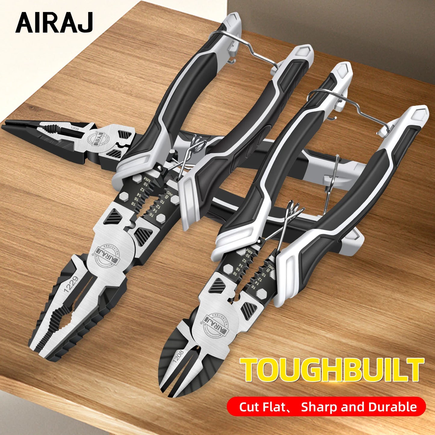 AIRAJ 8 inch Multi functional diagonal pliers 9 inch  pointed nose pliers hardware Tools wire pliers, 3 pcs electrician pliers