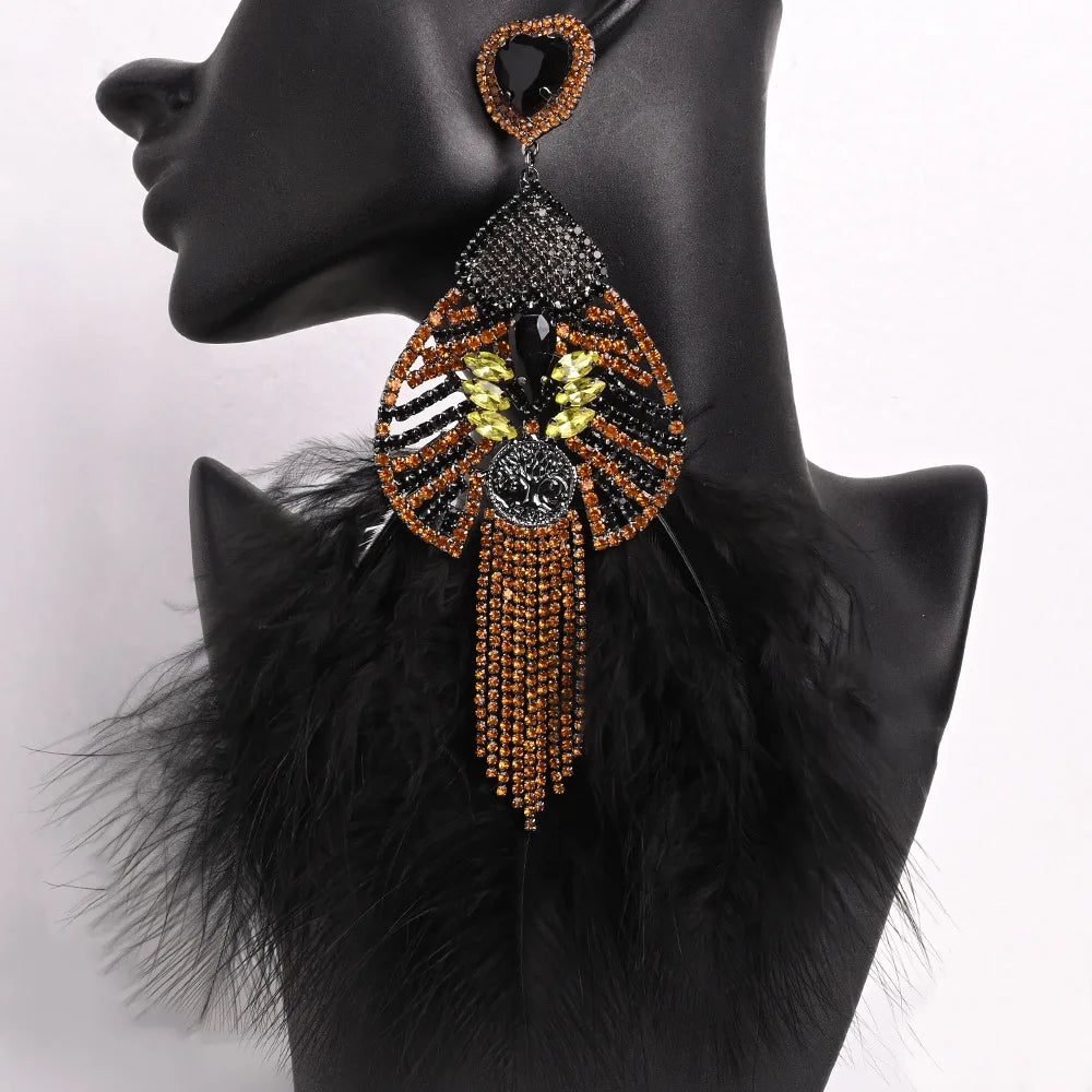 Stonefans Black Feather Dangle Earrings Oversize Statement Ear Accessories Fashion Hollow Rhinestone Hanging Earrings Drag Queen