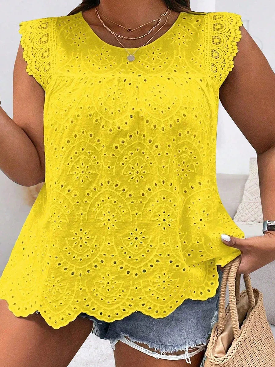 2024 New Fashion Casual Plus Size Shirt Sleeveless Hollow Solid Color Round Neck Lace Simple Versatile Casual T-shirt Top