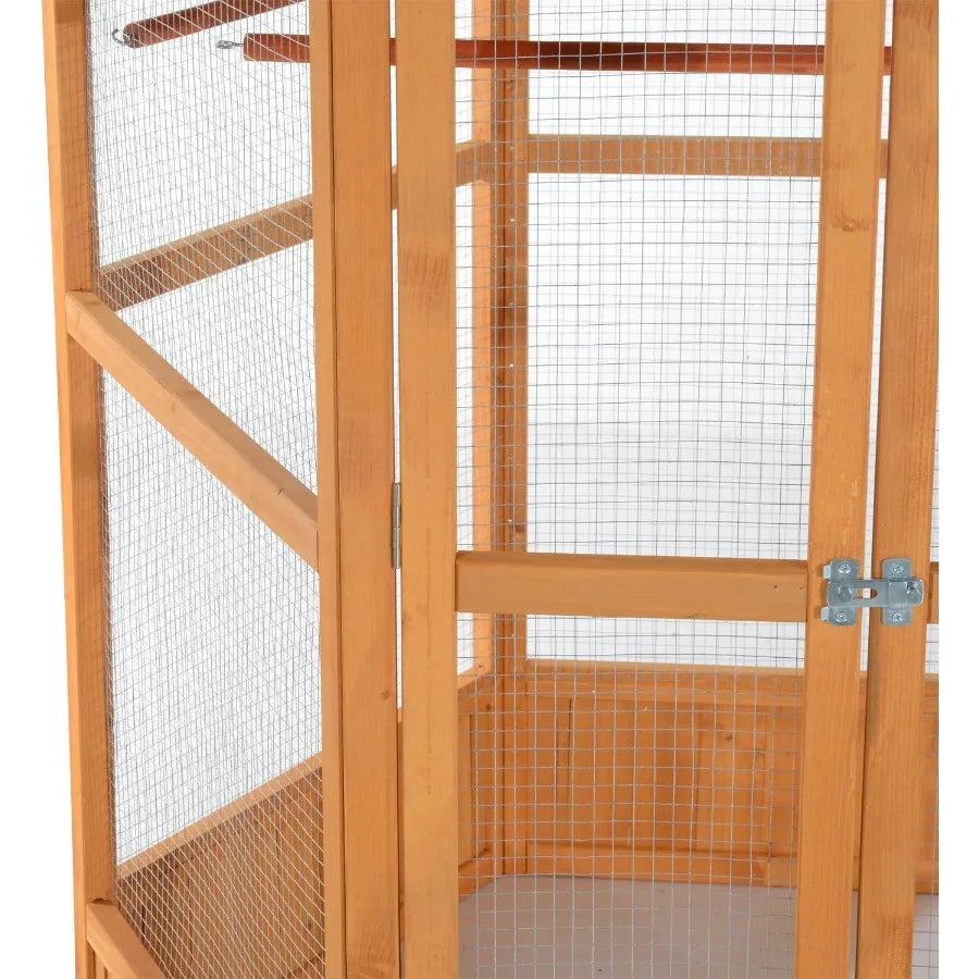 69 Large Wooden Hexagonal Outdoor Aviary Flight Bird Cage with Covered Roof Ideal for Backyard Bird Enthusiasts Provides Shelte
