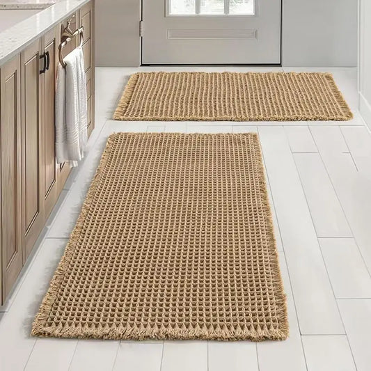 Grid Design Mat Set of 2 Non Slip Rectangle Mats Absorbent Rugs for Home Hotel Bathroom Kitchen Decor