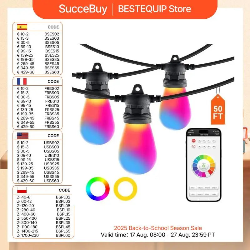 SucceBuy RGB Outdoor String Lights with APP Control 15 Single-Color Adjustable Brightness Time Setting Waterproof Hanging Lights