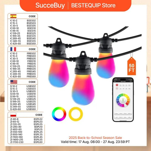 SucceBuy RGB Outdoor String Lights with APP Control 15 Single-Color Adjustable Brightness Time Setting Waterproof Hanging Lights