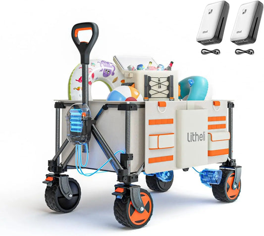 Electric Collapsible Folding Wagon Electric Utility VehiclePortable Camping Outdoor Beach Fishing Picnic Sport Shopping (Beige)