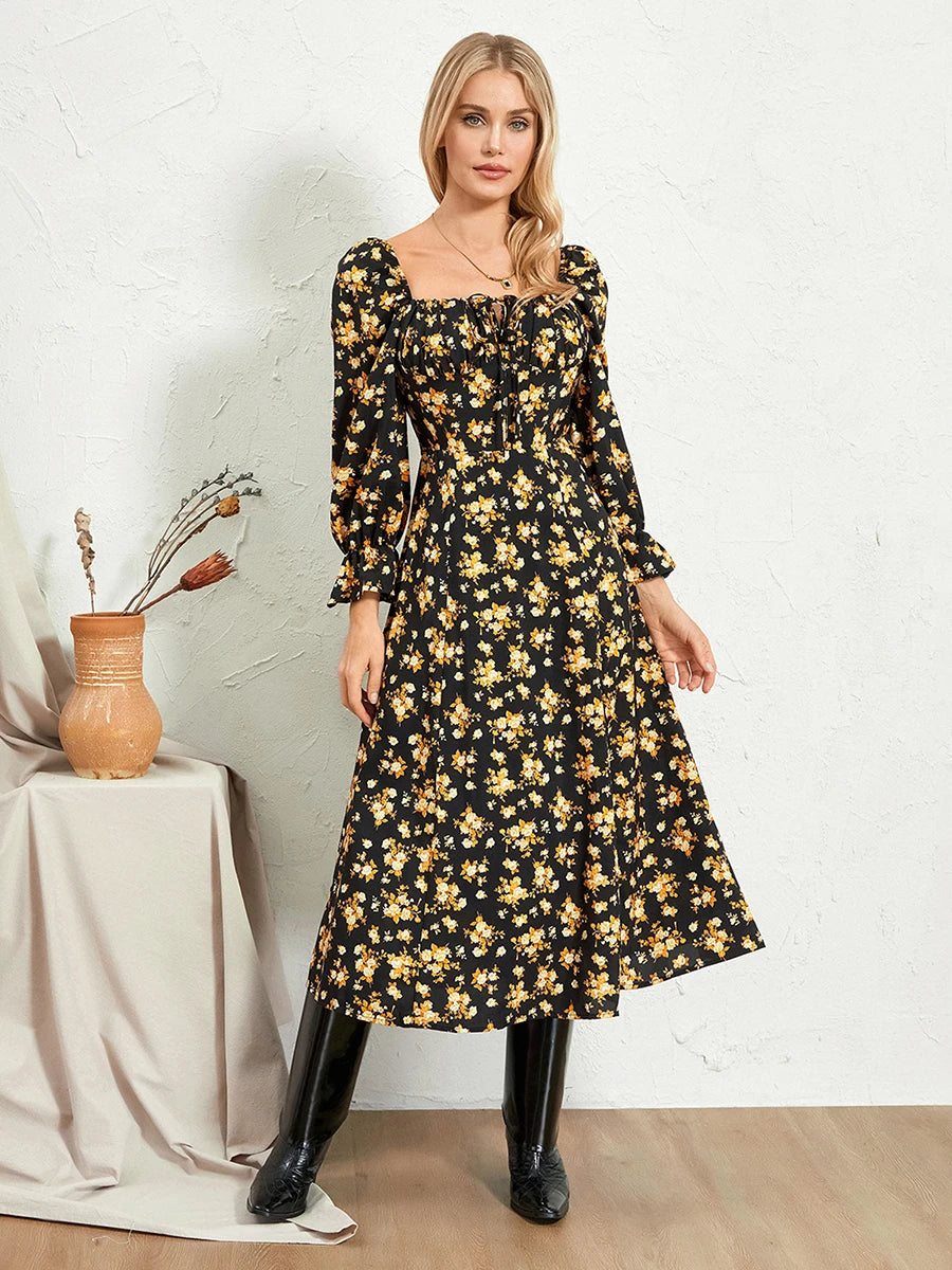 Women Long Dress Long Sleeve Square Neck Tie-up Floral Dress Slit Dress Fall Swing Dress