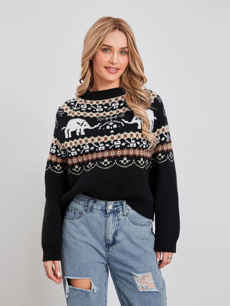 Women Knit Sweater Long Sleeve Crew Neck Elephant Pullover Warm Sweater for Fall Winter