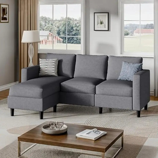 Shintenchi Small Sectional Couch with Ottoman 3 Seat L Shaped Sofa Fabric Upholstered for Apartments Living Room
