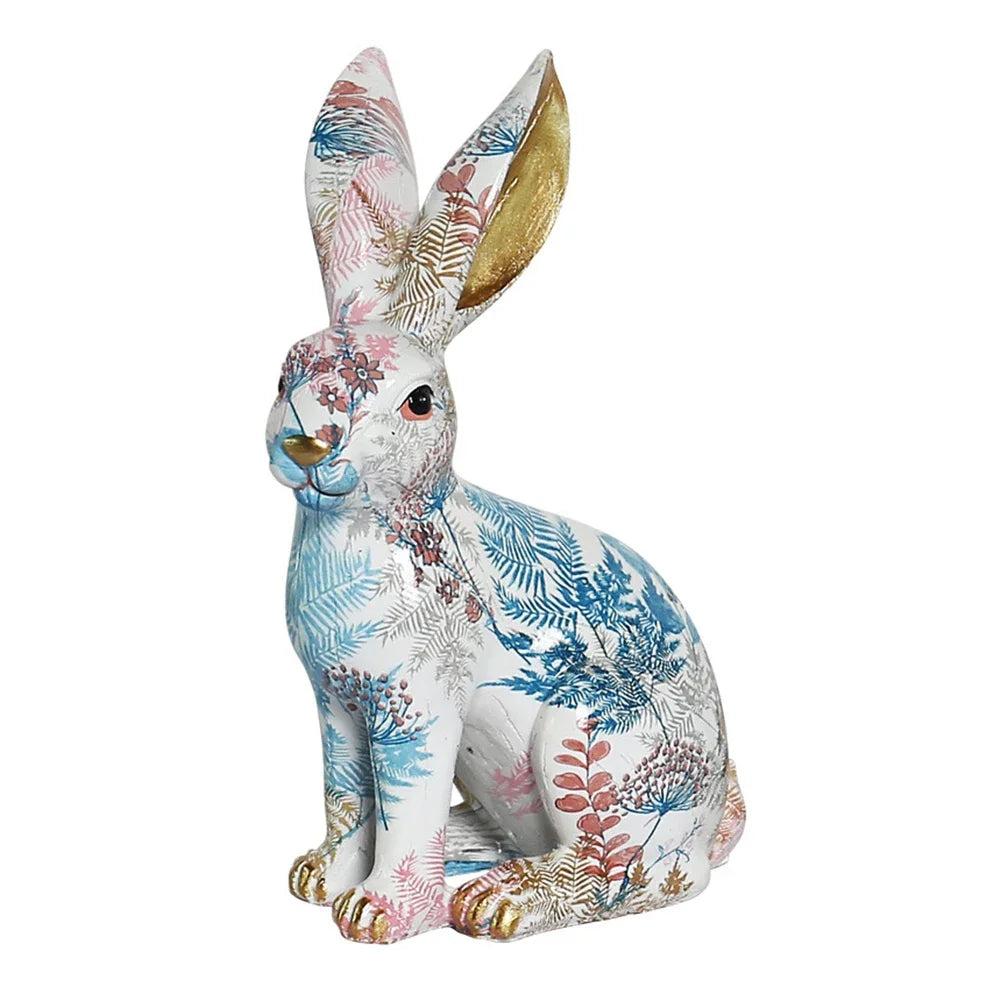 Cute Rabbit Statue Resin Bunny Sculpture Home Room Decorative Art Ornaments Painted Jade Rabbit Figurines Easter Decoration Gift