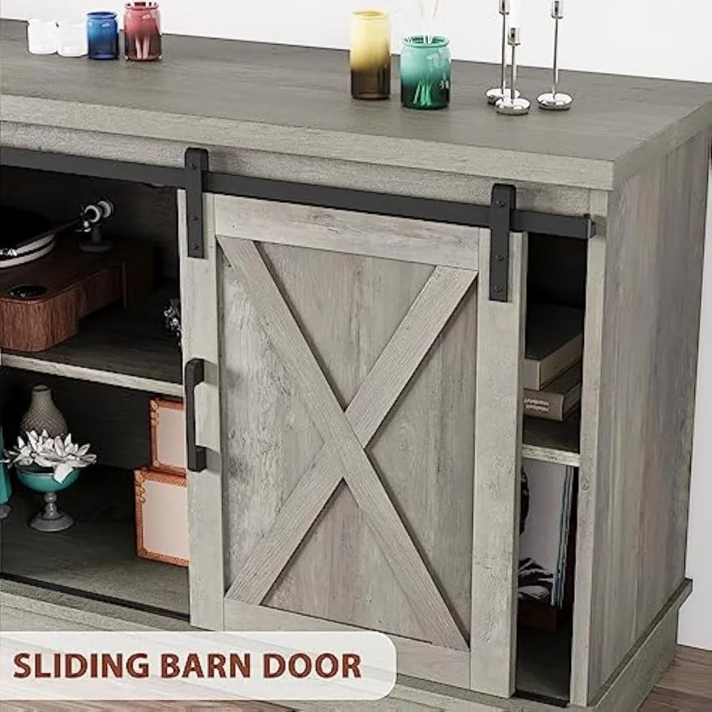 Grey Farmhouse Cabinet, 65 Inch TV Stand with Storage, Barn Doors and Shelves, Modern TV Console Table Furniture for Living Bed