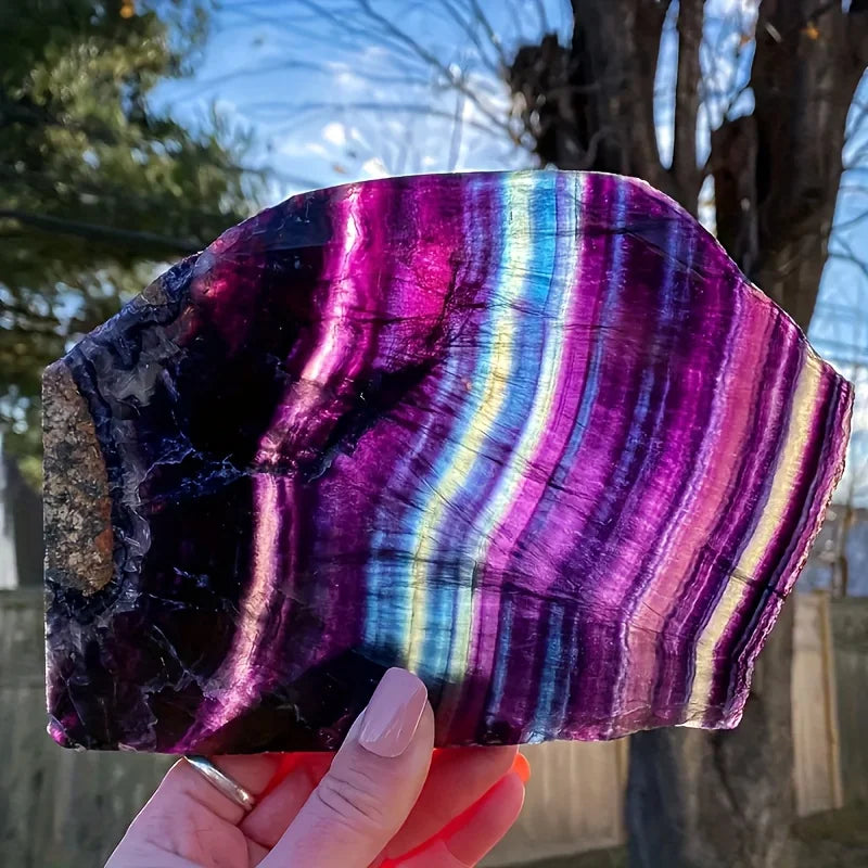 1pc Natural Polished Fluorite Crystal Slice - Vibrant Purple & Blue Striations Crystal for, Meditation, Home & Garden Decor, Boh