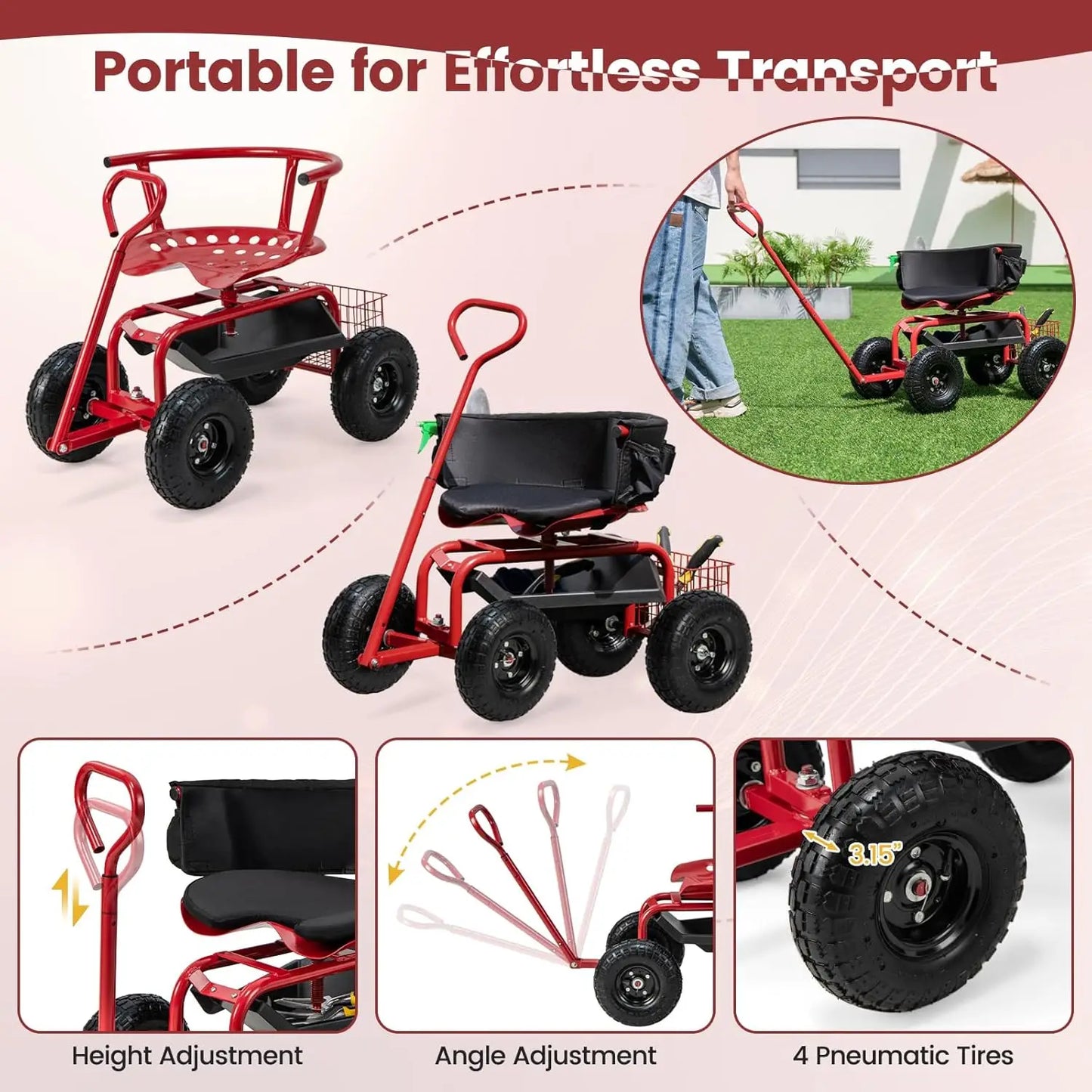 Goplus Garden Cart, Outdoor Rolling Garden Scooter W/Adjustable 360 Degree Swivel Seat, Tool Tray & Storage Basket