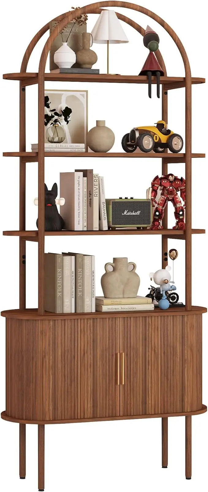 71" Tall Mid Century Modern Fluted Arched Bookshelf. Features sliding tambour doors and 4 - tier open storage. This curved books