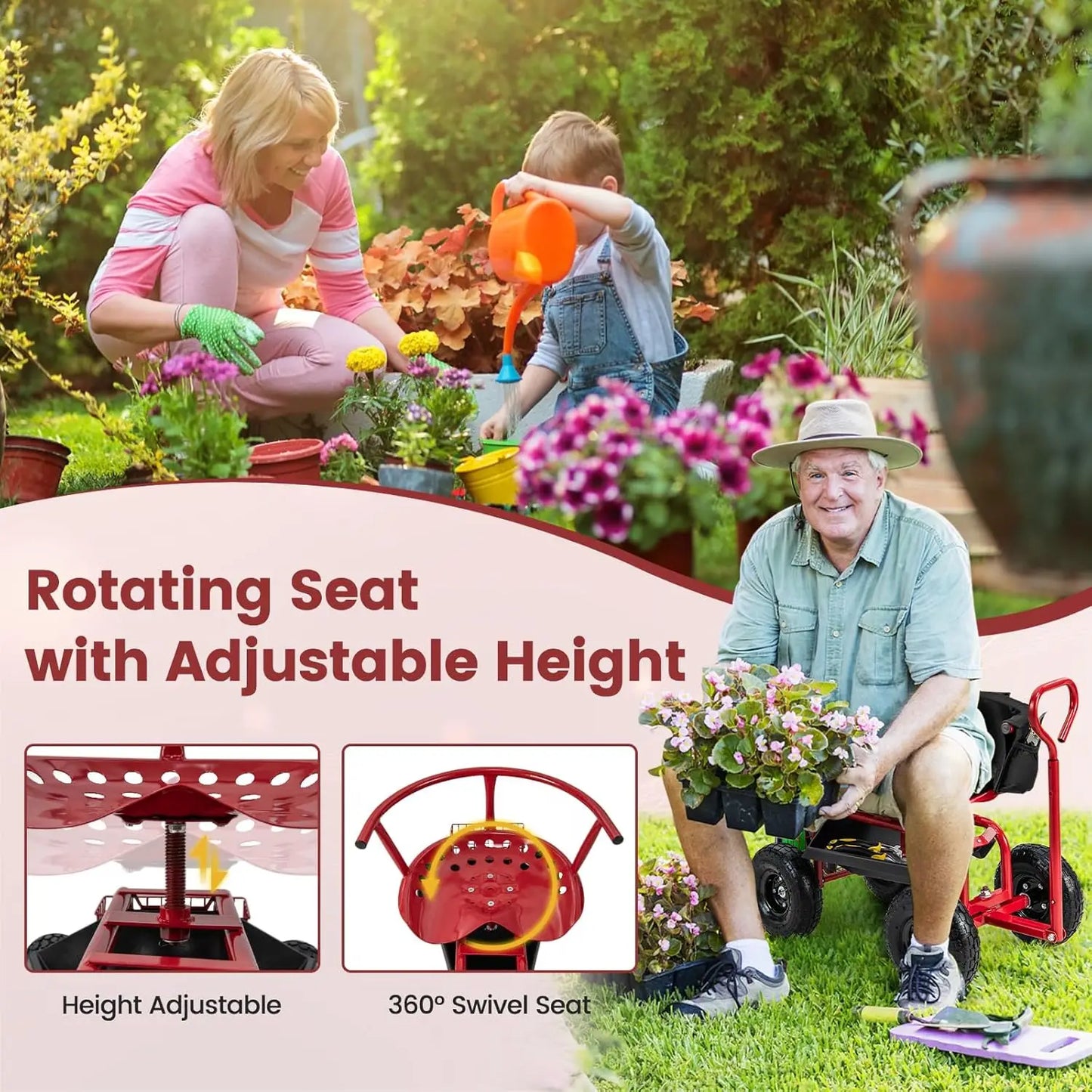 Goplus Garden Cart, Outdoor Rolling Garden Scooter W/Adjustable 360 Degree Swivel Seat, Tool Tray & Storage Basket