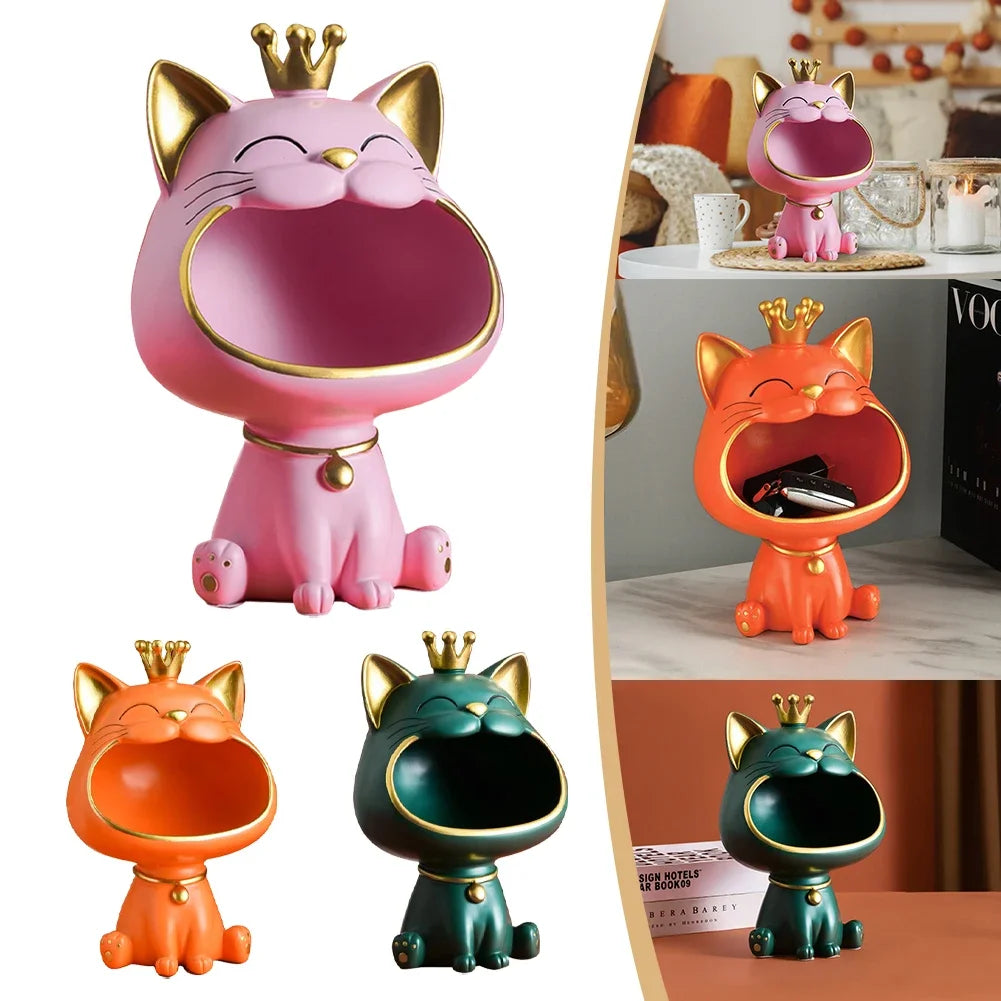 Exquisite Resin Lucky Cat Figurine Storage Box Creative Big Mouths Cat Statue for Desktop Storage and Decoration
