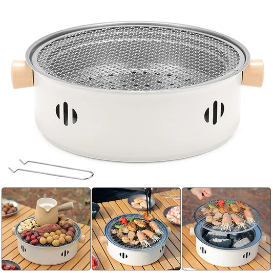Round Barbecue Grill Portable Charcoal Barbecue Grill with Grill Net Camping Grill Stove Multifunction for Outdoor Garden Patio