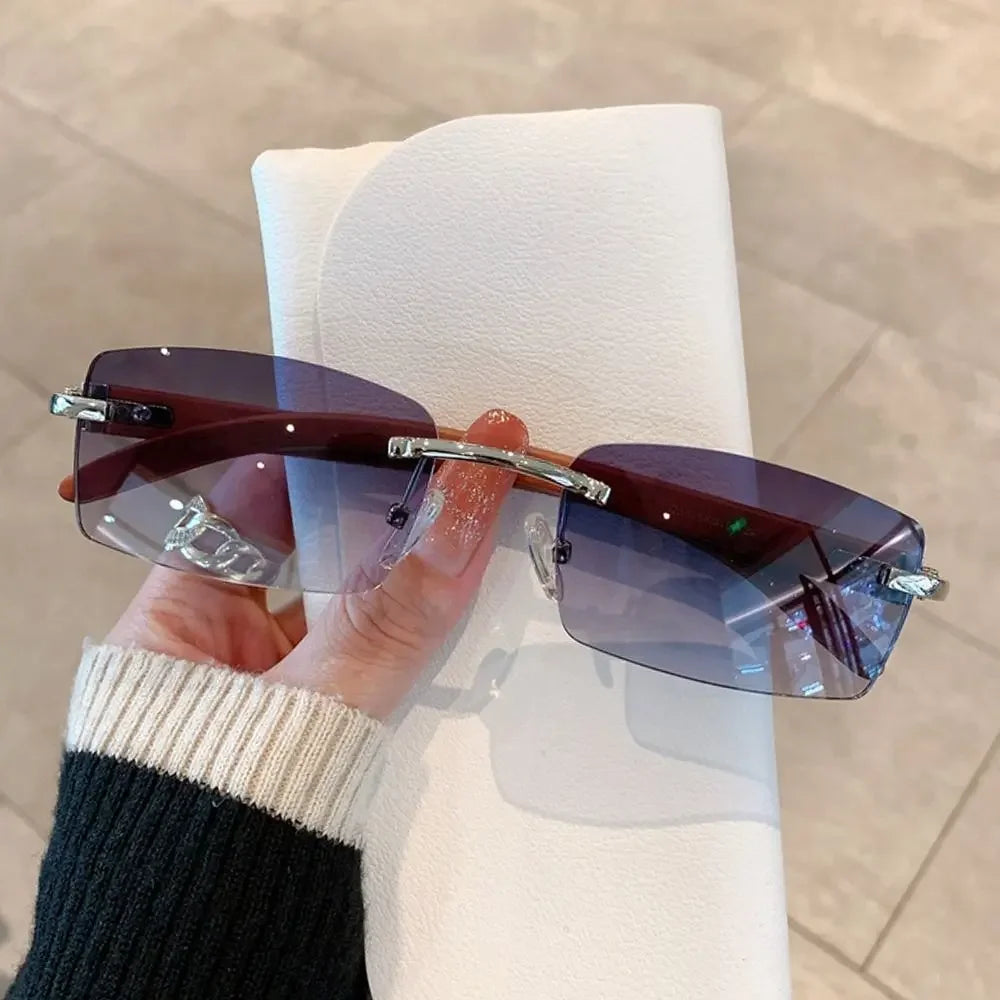 Rimless Sunglasses Men Women Wooden Pattern Luxury Brand Retro Square Sun Glasses Fashion Shades UV400 Travel Outdoor Eyewear