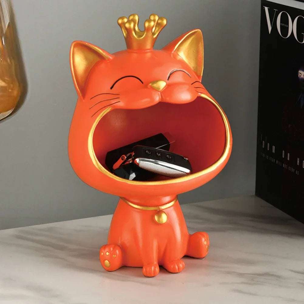 Exquisite Resin Lucky Cat Figurine Storage Box Creative Big Mouths Cat Statue for Desktop Storage and Decoration