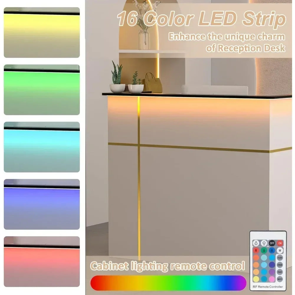 Reception Desk with Counter, 50-inch Checkout Counter with LED Lights Modern Front Table Equipped Lockers & Storage Shelves