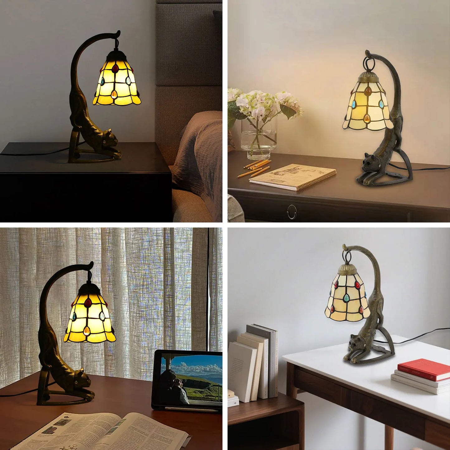 Unique Style Cat Table Lamp Beige Art Glass Bedside Lamp with E26 Socket, US Plug (Bulb Not Included)