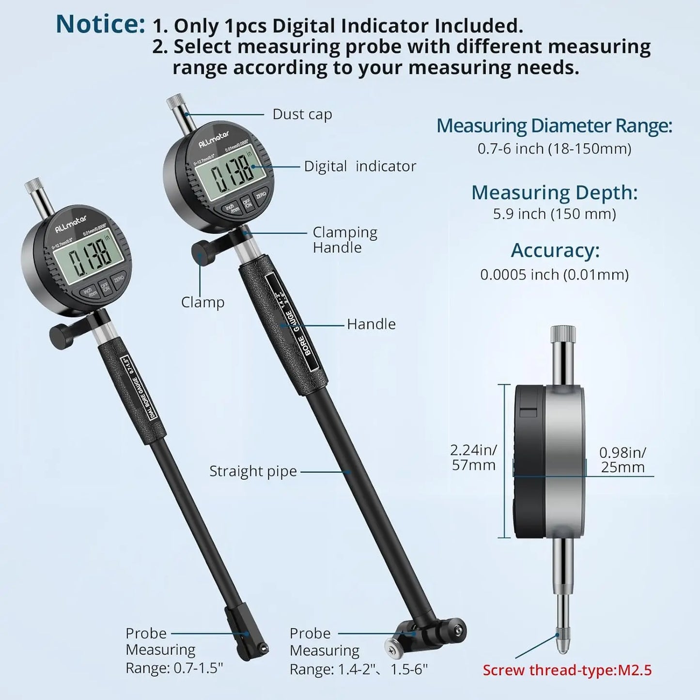 Digital Bore Indicator 0.0005" Accuracy 0.7"-6" Engine Cylinder Gauge Automotive Machinist Tools