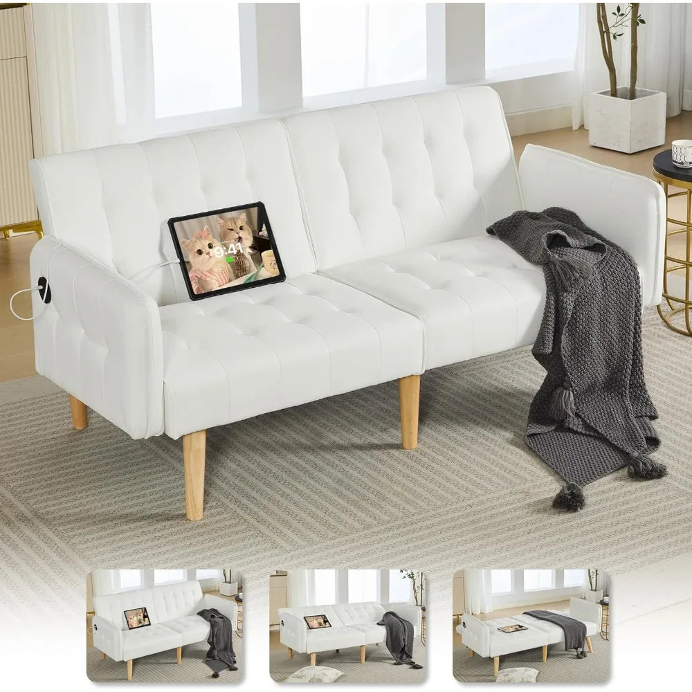 Modern Faux Leather Upholstered Convertible USB Folding Futon Sofa Bed, 65" Couch, Love Seats Furniture for Small Space Configu