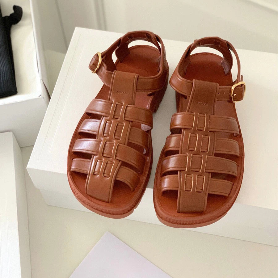 Brown Gladiator Platform Sandals Leather Ankle Strap