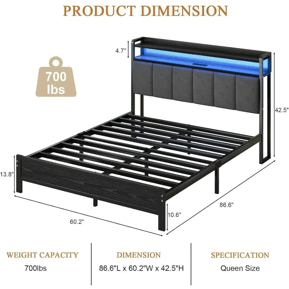 Queen Size Metal Platform Bed Frame with LED Lighting and Charging Station, Upholstered Storage Headboard Included