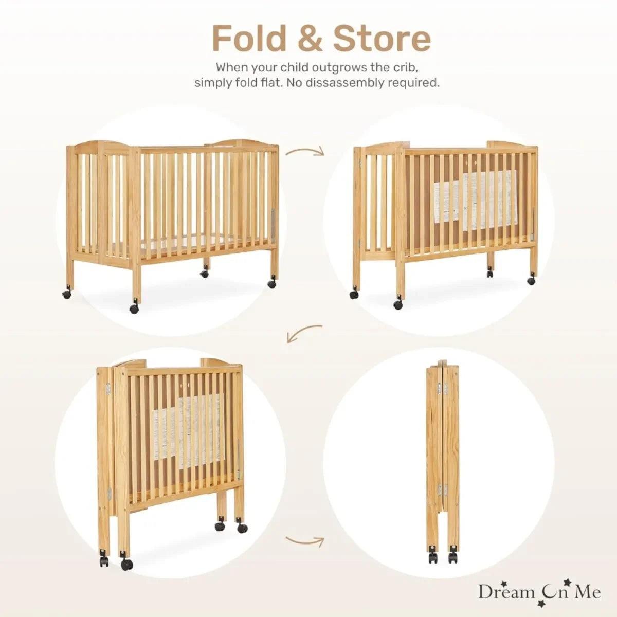2-in-1 Folding Crib & Playard, Portable Baby Bed with Wheels for Travel, Compact for Home & Visits, Quick-Fold Design