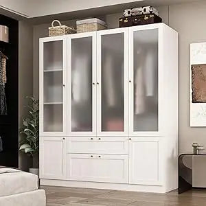 Corner Wardrobe Closet with 2 Glass Doors, Armoire Wardrobe Closet with Hanging Rod, for Bedroom Wood Grain (16.3+19.1”W x 19.1