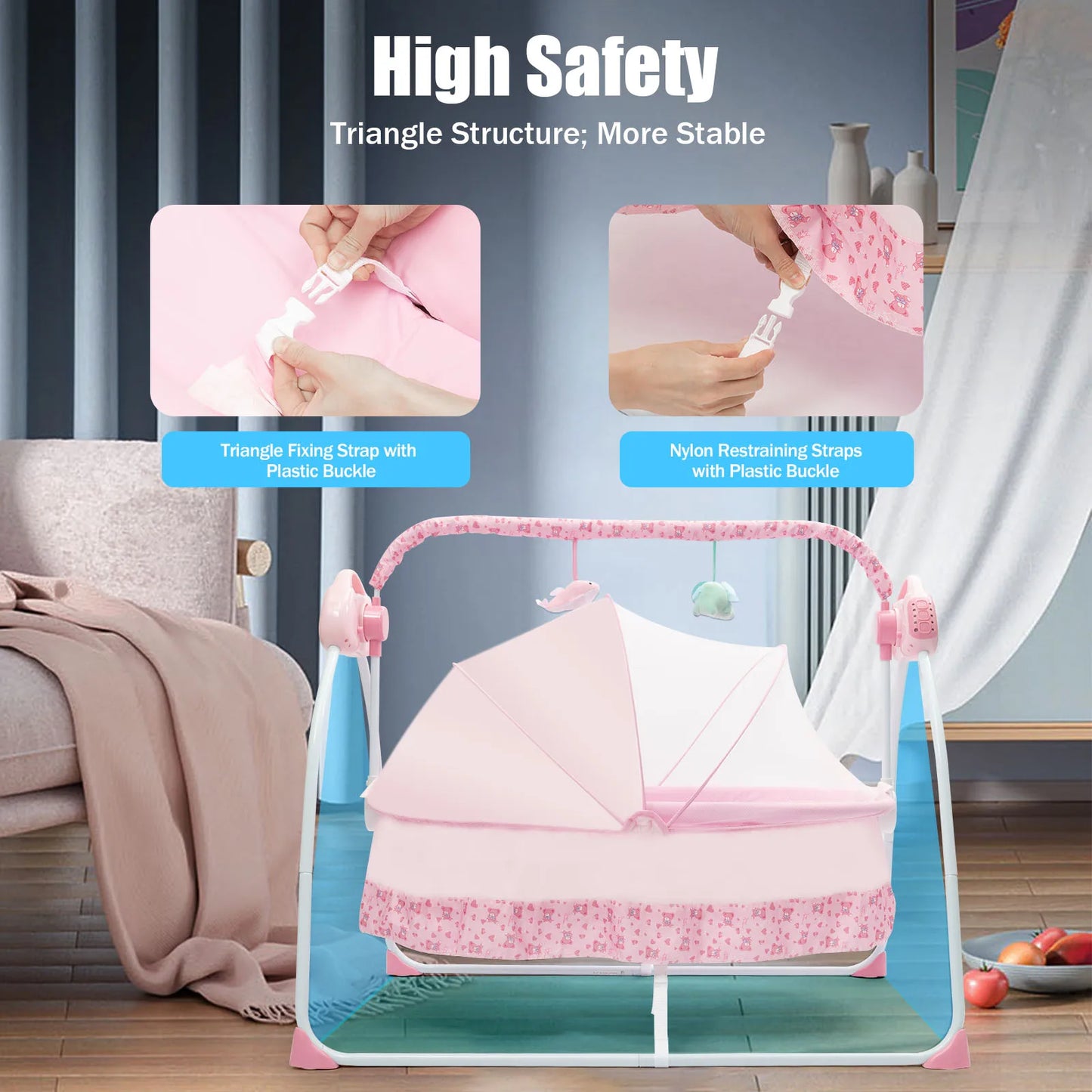 Electric Baby Crib Cradle, 0-18 Monthsinfant Bed, 25kg/55lbs Capacity, Foldable Baby Cradle Swing for Home/Travel（pink）