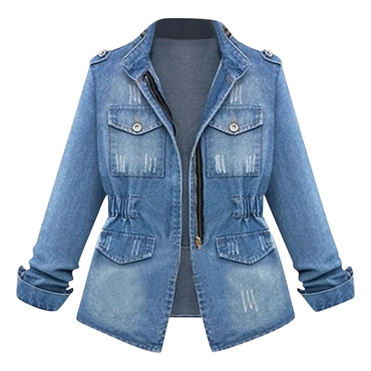 Vintage American Style Oversize Long Sleeve Denim Jacket For Women Casual Autumn/Winter Draped Single-Breasted Top
