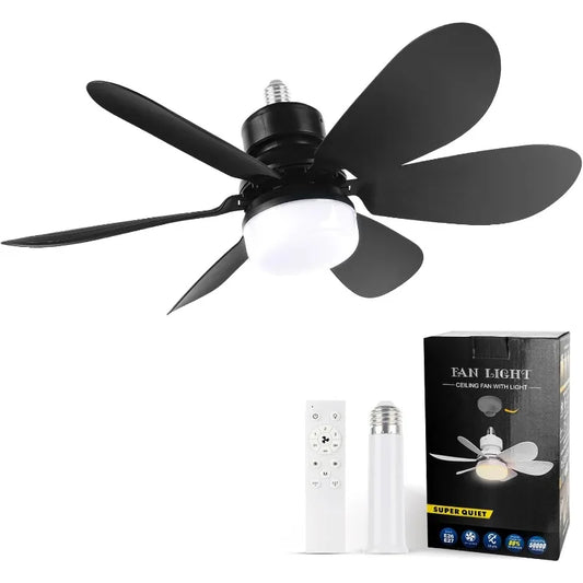 Socket Fan Light with Remote Dimmable 20.5 Inch Ceiling Fan and LED Bulb for Garage Kitchen Balcony Living Room and Laundry Room Black