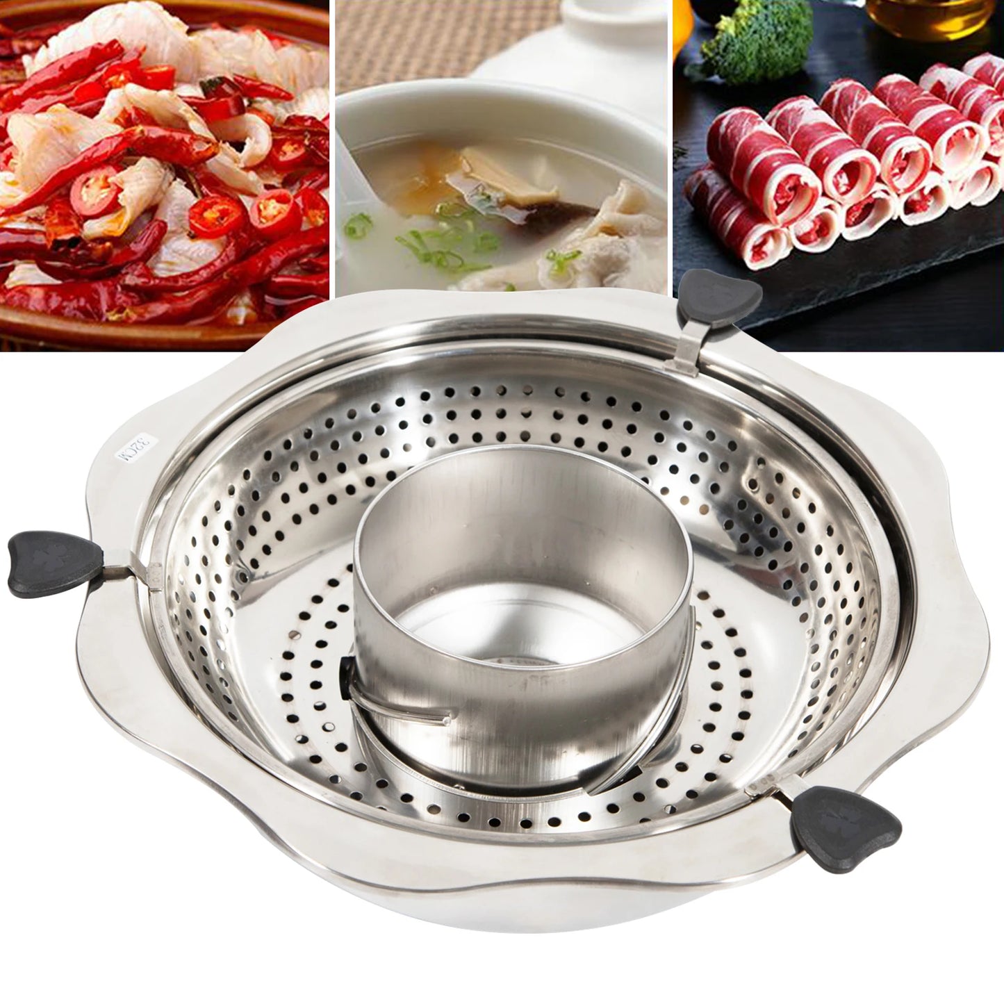32cm Stainless Steel Rotating Hot Pot W/soup Filtering Grid, Mandarin Ducks Hotpot Detachable Double Layer Design