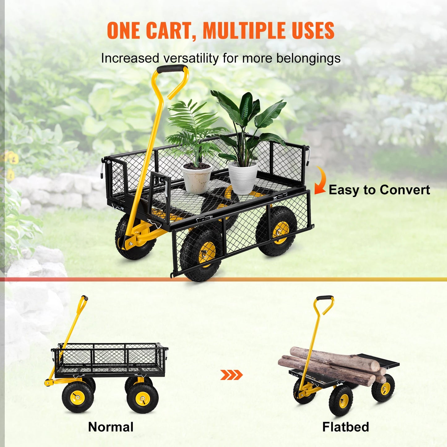 VEVOR Steel Garden Cart Heavy Duty 500 900 1200 1400 Pounds Capacity Removable Mesh Sides Convert to Flatbed Metal Wagon