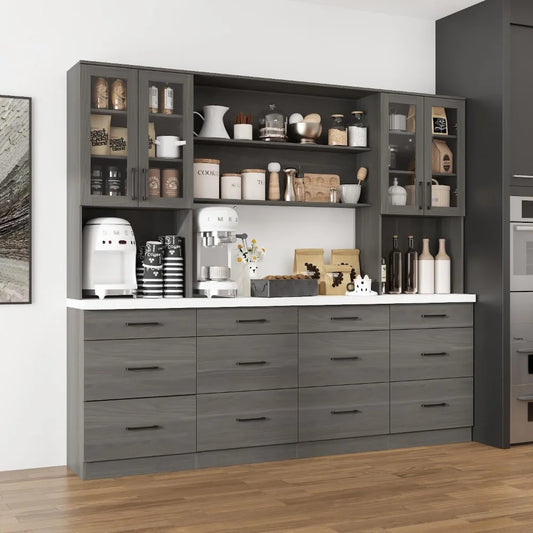 Large Garage Storage System with 12 Drawers, 94.5" W Glass Doors Workshop Cabinet Set with Thicken Countertop, Utility Bookshelf