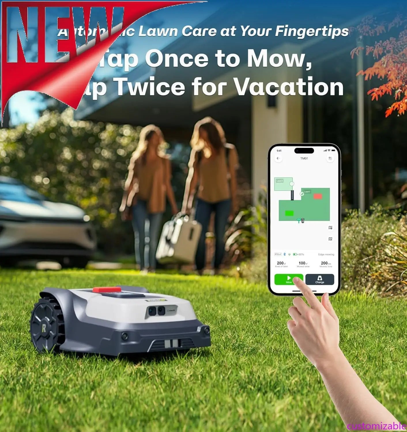 Customizable Robot Lawn Mower Wire Free, RTK+Vision Ride-on Edge Mapping Mowing For 0.35 Acre Yard, AI Obstacle Avoidance