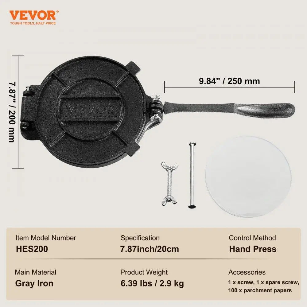 Heavy Duty Cast Iron Tortilla Press 8 Inch Dough Maker for flour Tortillas with Parchment Paper