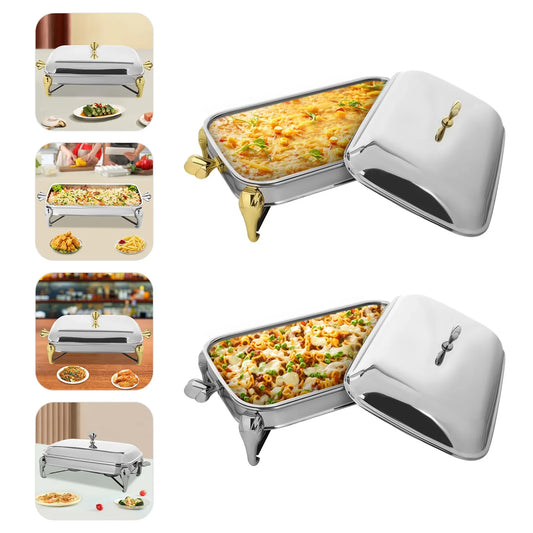 Chafing Dish Buffet Set Server Stainless Steel Chafing Dishes Oven Safe Glass Rectangle Food Warmer for Parties 2.9L Gold and Si